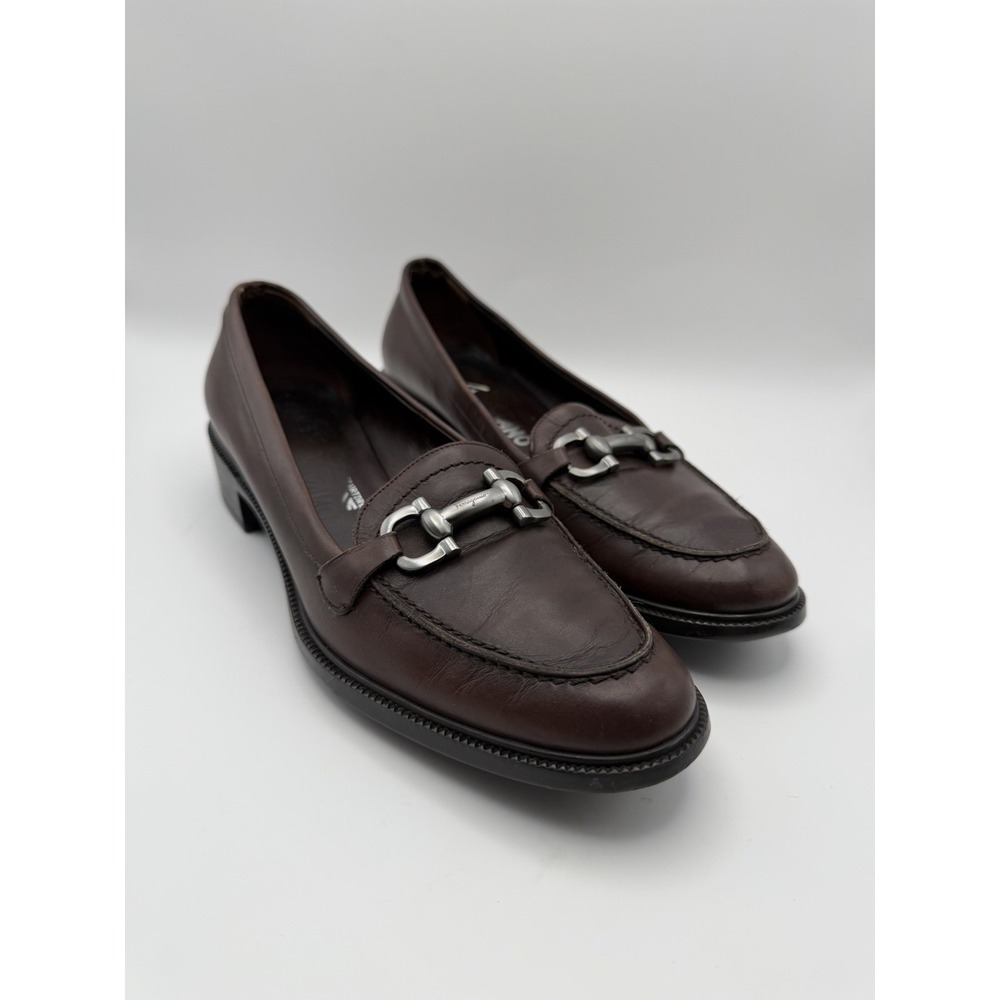 Salvatore Ferragamo Brown Leather Loafers with Silver Hardware Women's Size 7